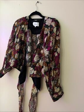 ba&sh Floral Tie-Front Cardigan in Magenta, Gold & Cream